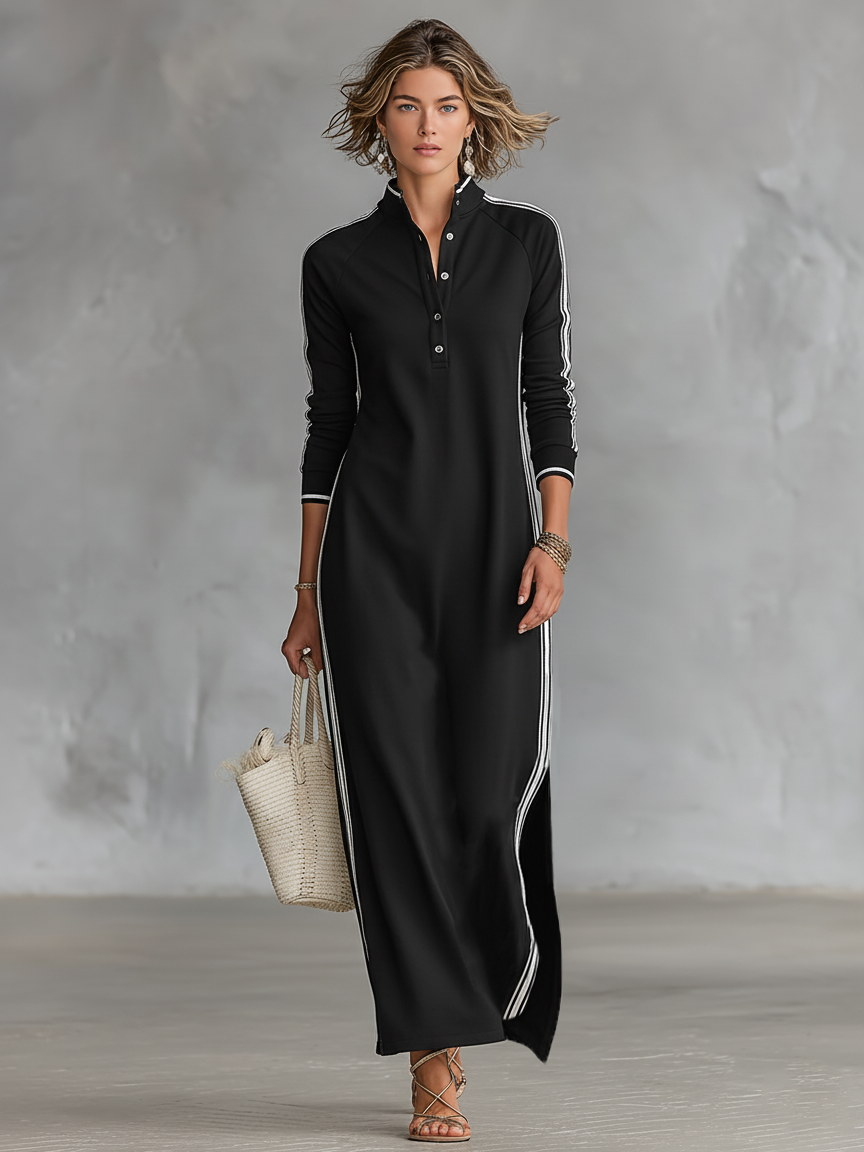 Laura | Robe Maxi Sweat Col Boutonné Ourlet Blanc