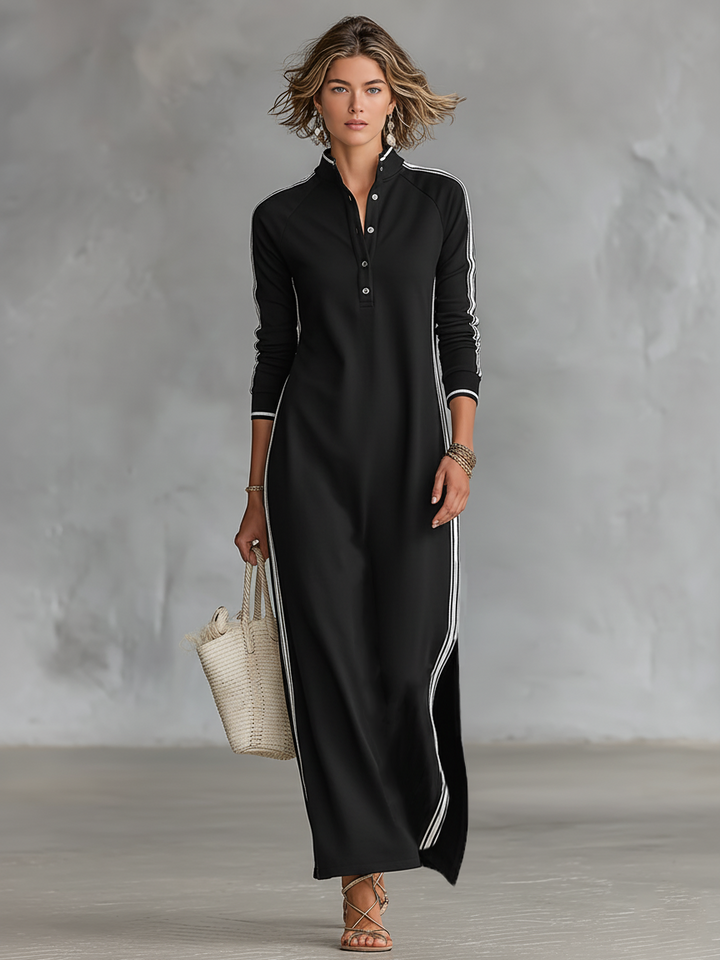 Laura | Robe Maxi Sweat Col Boutonné Ourlet Blanc