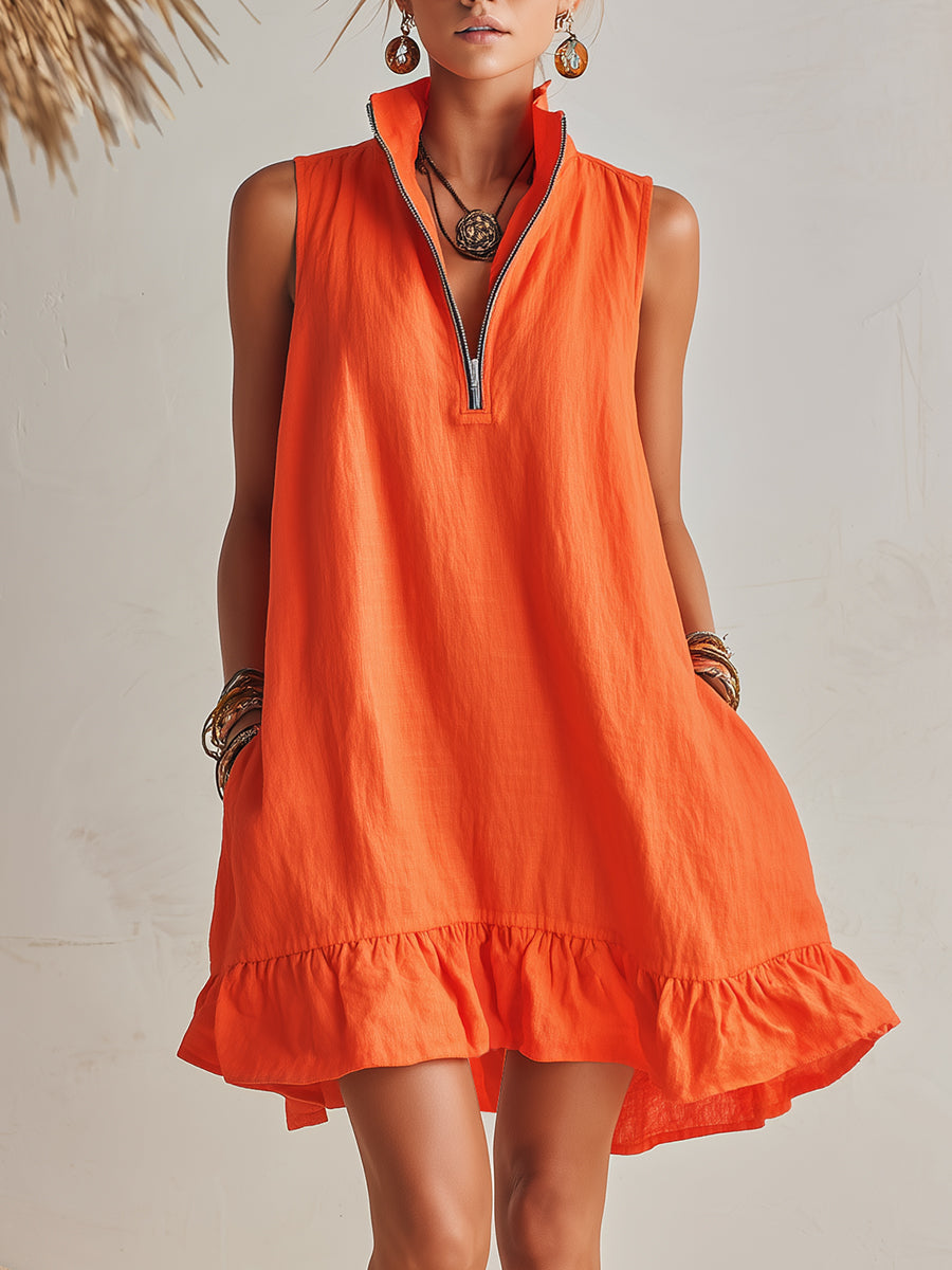 Manon | Robe Mini Lin Col Zippé & Ourlet Volant