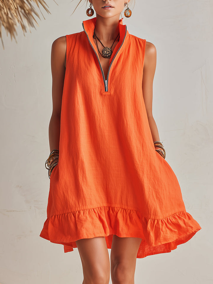 Manon | Robe Mini Lin Col Zippé & Ourlet Volant