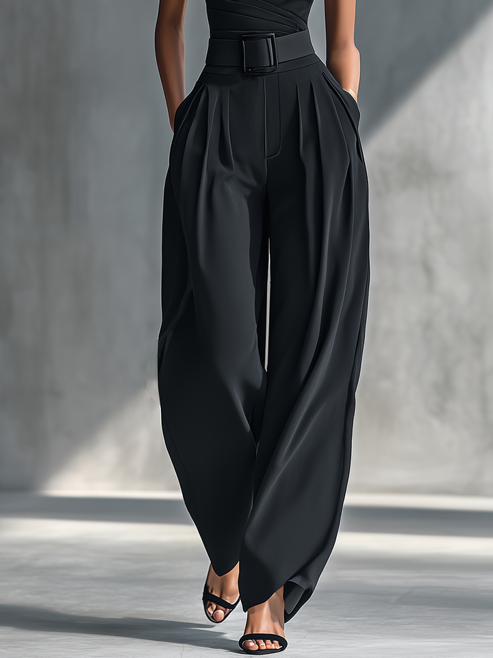 Haut en Tricot Noir à Haute Élastique pour Femmes et Pantalon Large en Acétate