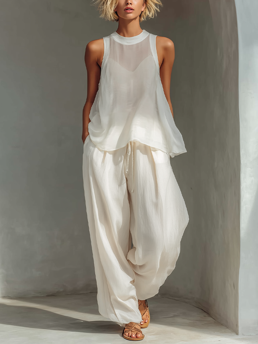 Ensemble Deux Pièces Crème Femme Avec Top Sans Manches En Chiffon Semi-Transparent & Pantalons À Jambe Large En Mélange De Coton Et Lin