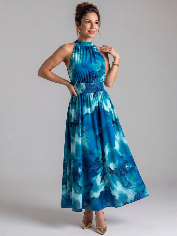 Olivia | Robe Midi à Taille Froncée Imprimé Abstrait