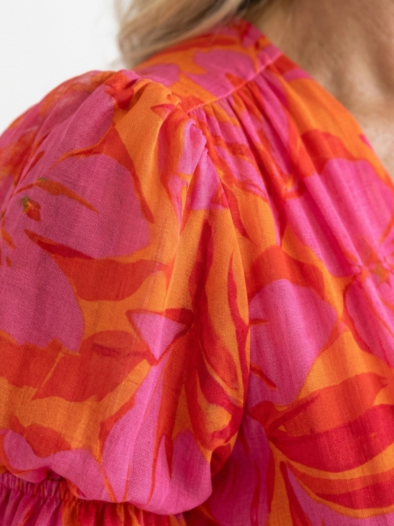 Saule | Robe Midi à Manches Bouffantes et Décolleté en V Floral