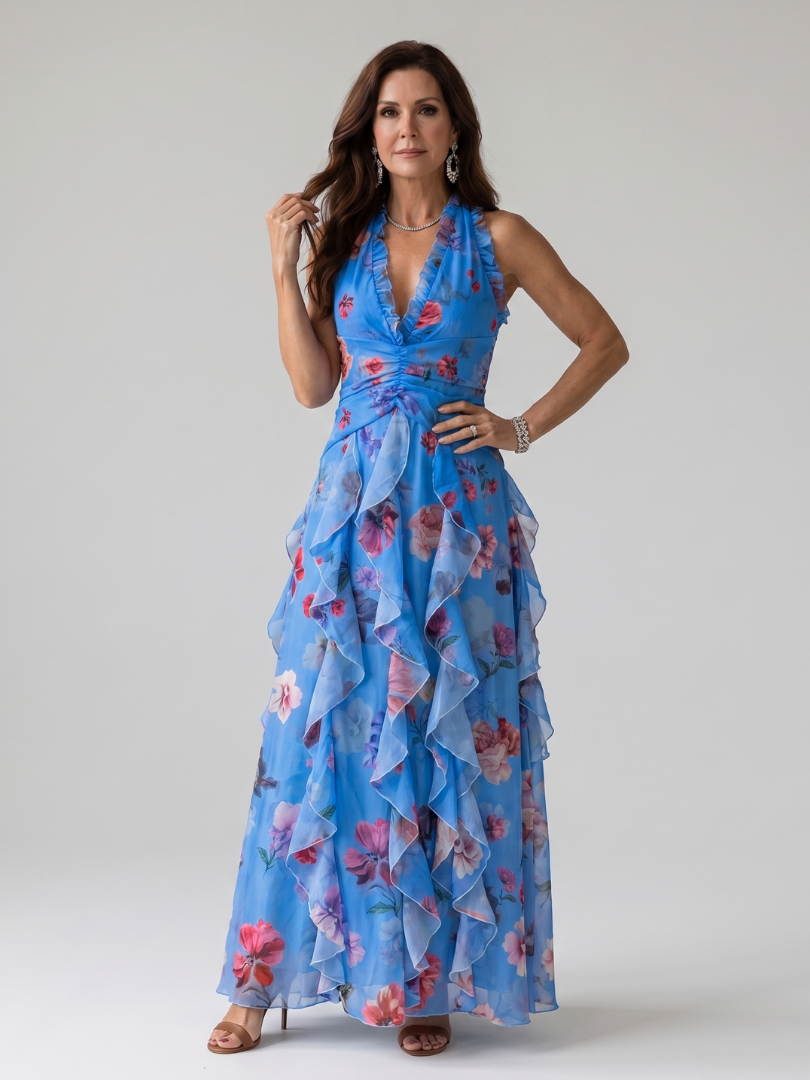 Nori | Robe Maxi Florale à Encolure Halter et Corps Froncé