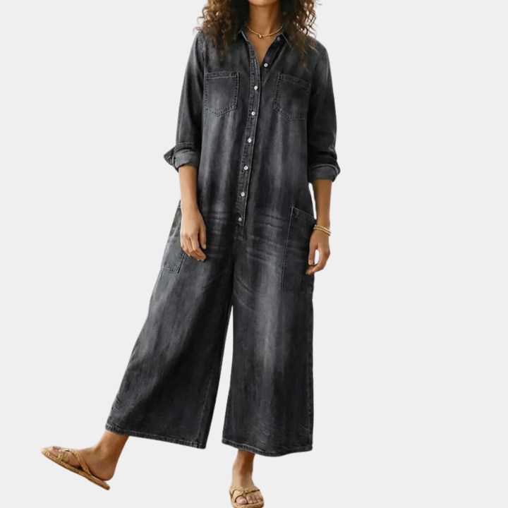 Diana | Salopette en denim doux lavé vintage avec fermeture à boutons