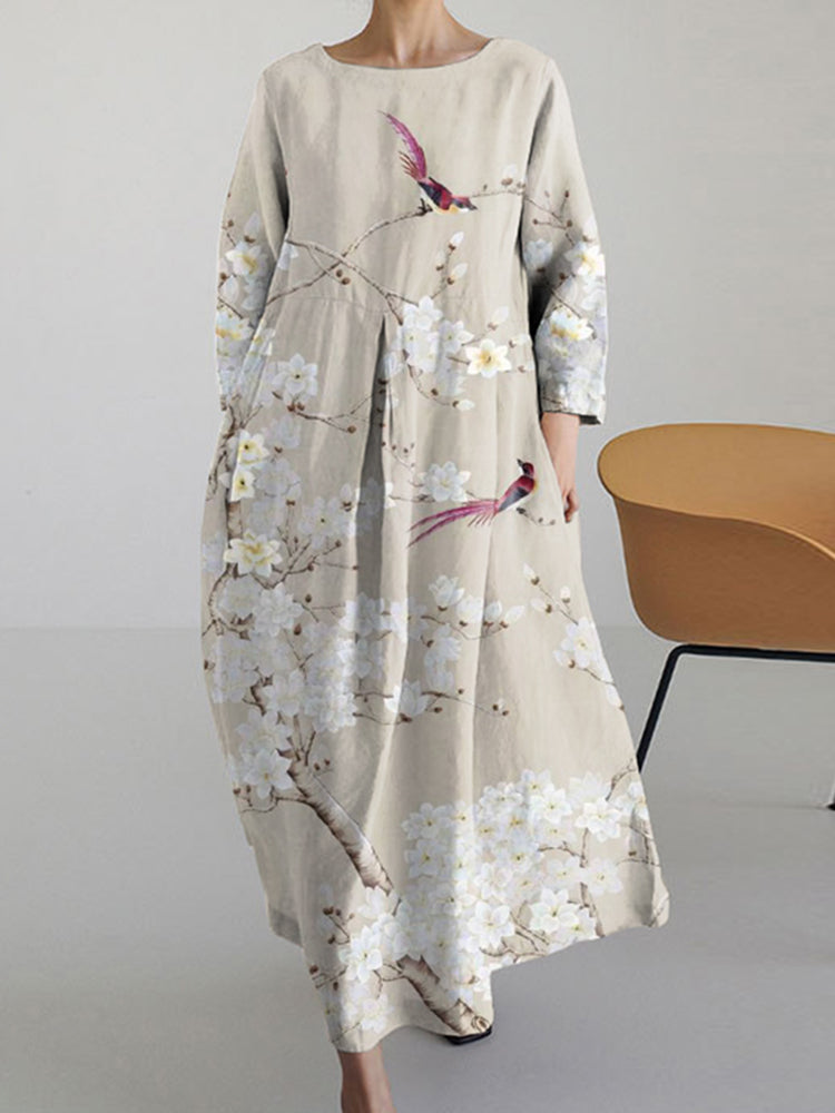 Robe Midi à Manches Longues à Col Rond Fleurie