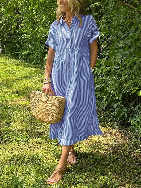 Wendy | Robe Chemise Rayée Lin & Manches Courtes