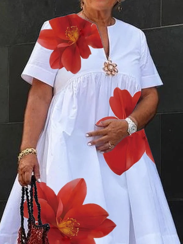 Flore | Robe Midi Ample Imprimé Fleurs Rouges Col V & Fronces