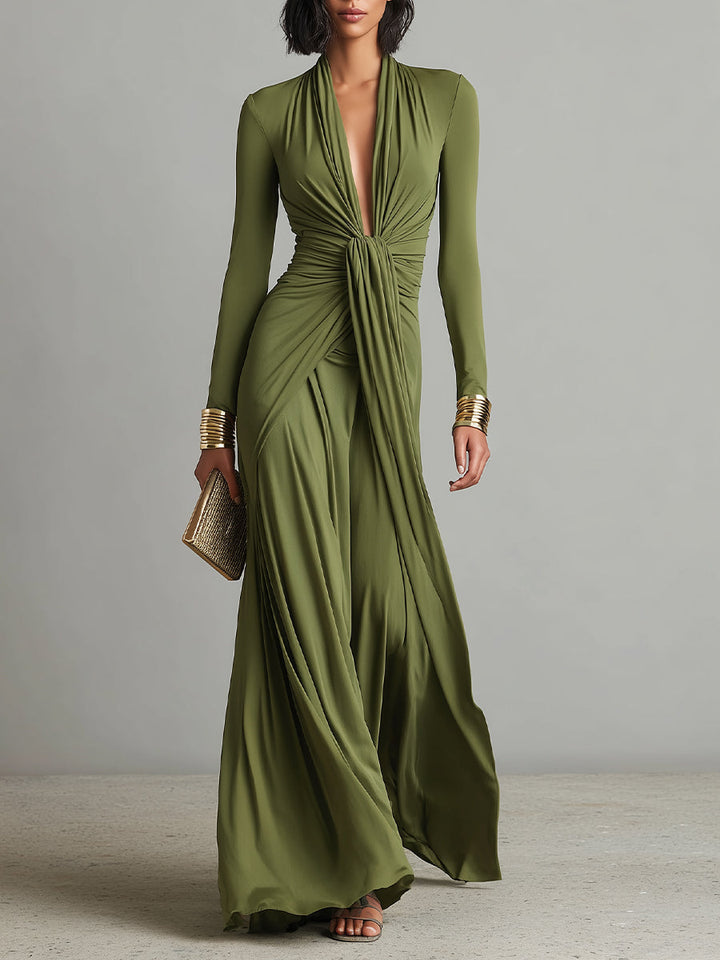 Sofia | Robe Maxikleid en Soie Olive à Profond Décolleté en V