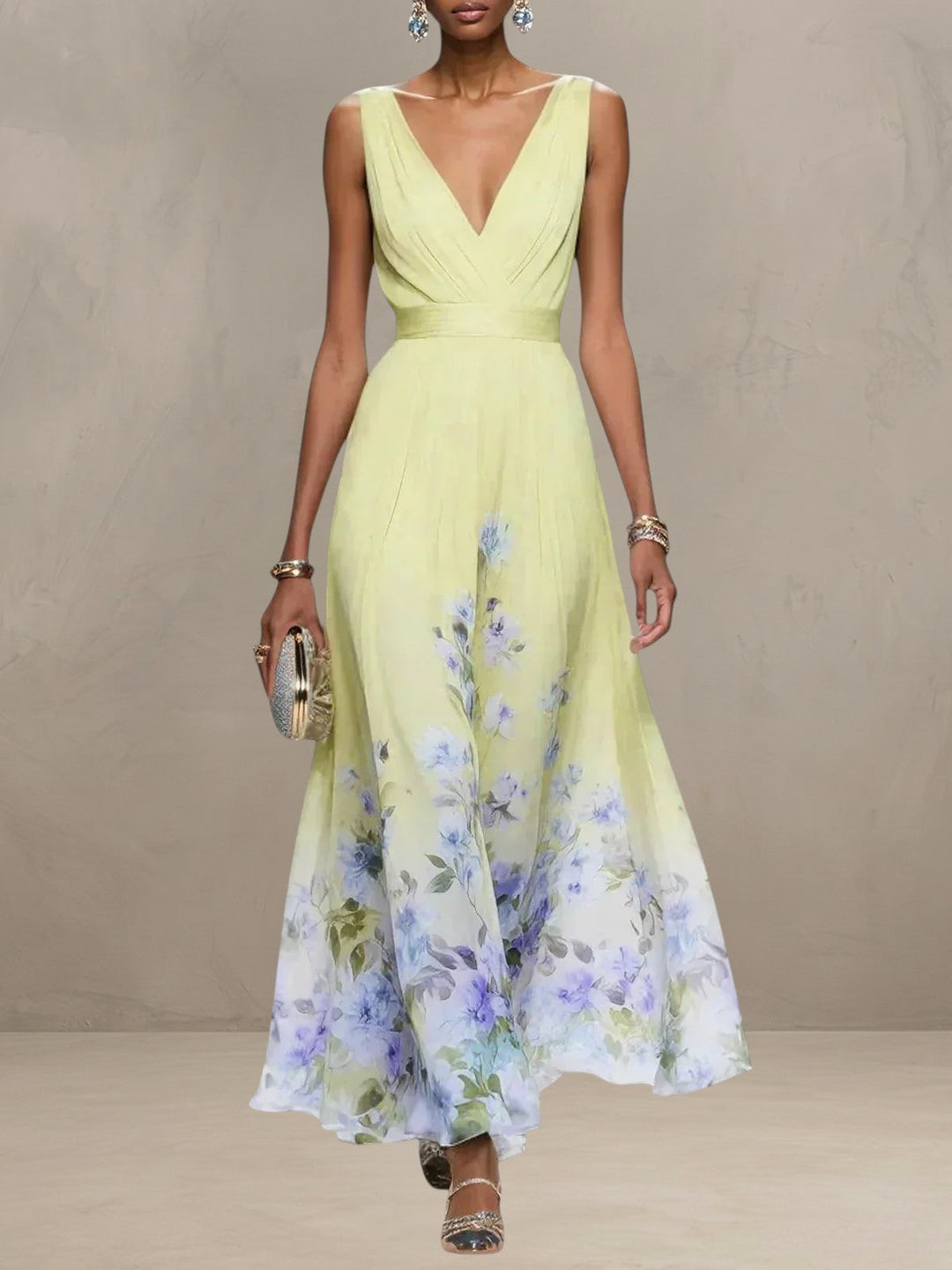 ROSA | ROBE MAXI EN CHIFFON FLORAL À COL V