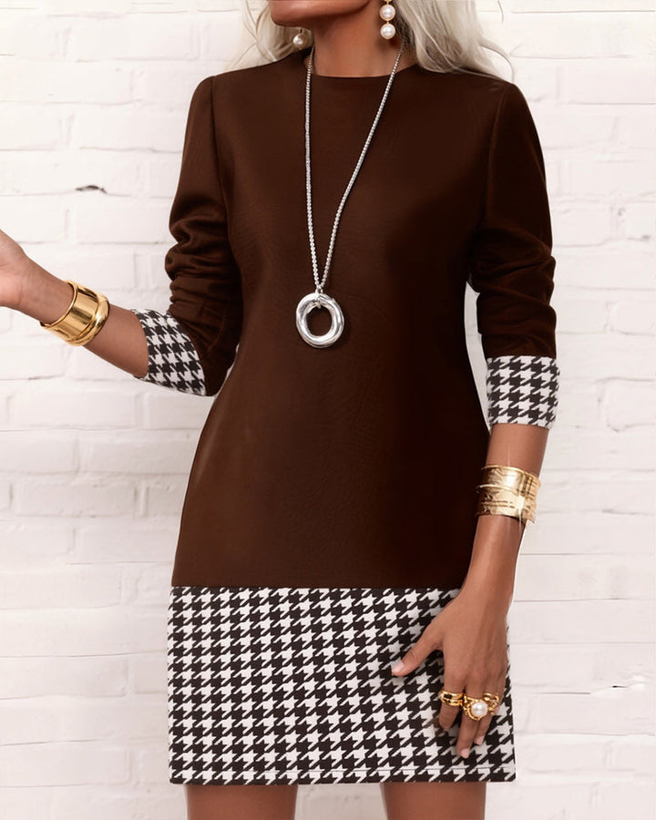 Robe Pied-de-poule Panneaux Manches Longues