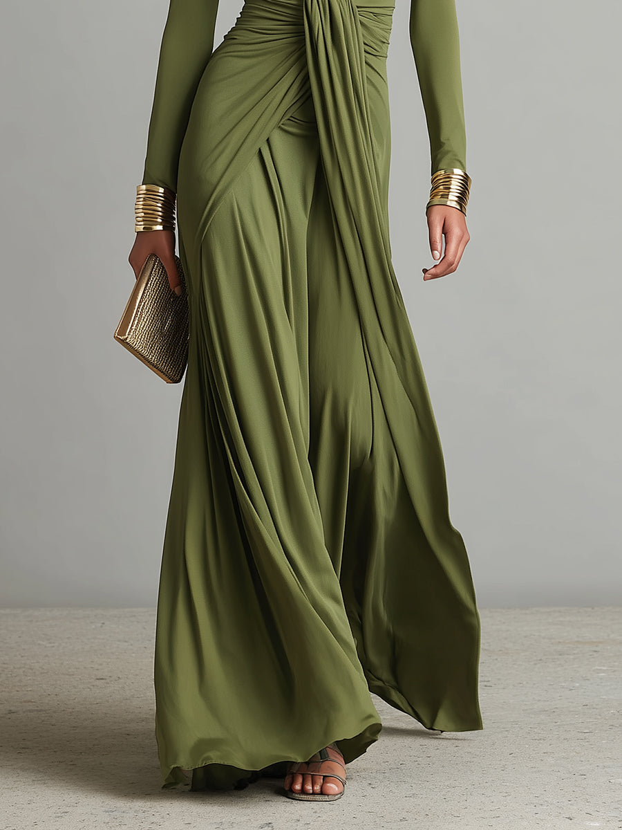 Sofia | Robe Maxikleid en Soie Olive à Profond Décolleté en V