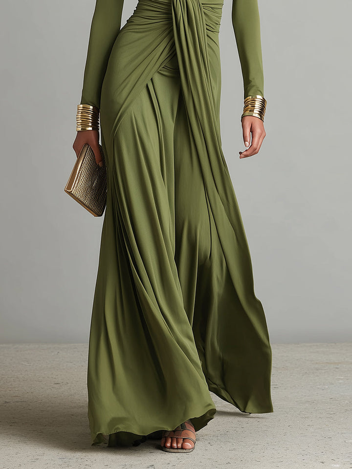 Sofia | Robe Maxikleid en Soie Olive à Profond Décolleté en V