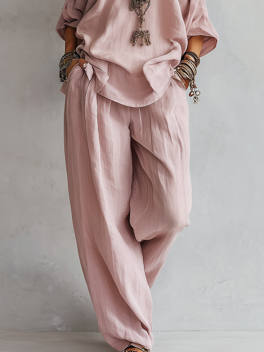 Ensemble de Pantalons Amples en Lin Rose Clair