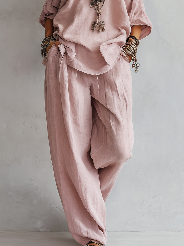 Ensemble de Pantalons Amples en Lin Rose Clair