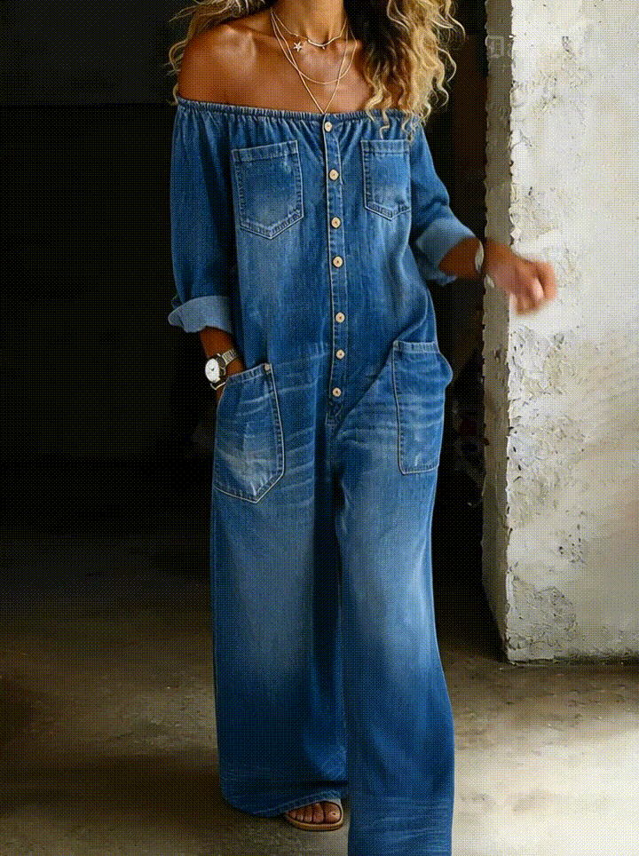 Vivienne | Combinaison Denim Épaules Dénudées Manches Longues & Grandes Poches