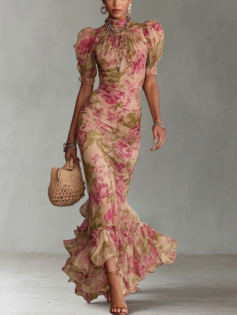 Fiora - Robe longue avec imprimé vintage de roses et manches bouffantes