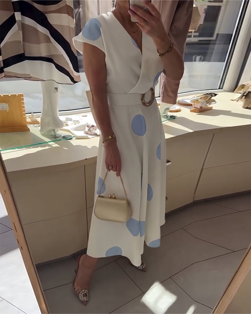 Ariel | Robe Midi Pois Grands Col V & Ceinture Dorée