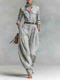 Chemise en mélange coton-lin à manches longues et pantalon ensemble deux pièces (ceinture non incluse)