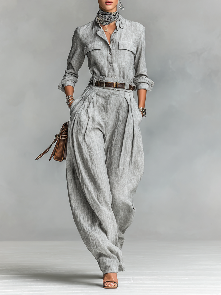 Chemise en mélange coton-lin à manches longues et pantalon ensemble deux pièces (ceinture non incluse)