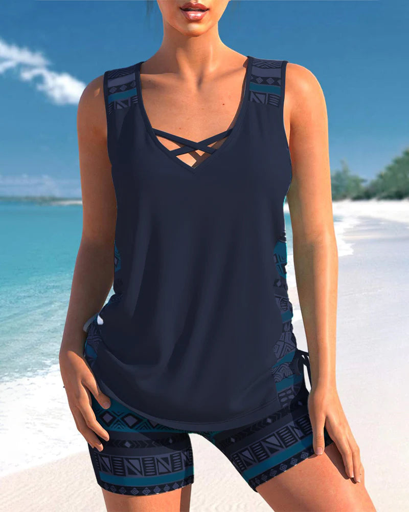 Azura | Tankini Deux Pièces Col V Croisé & Imprimé Géométrique Ethnique