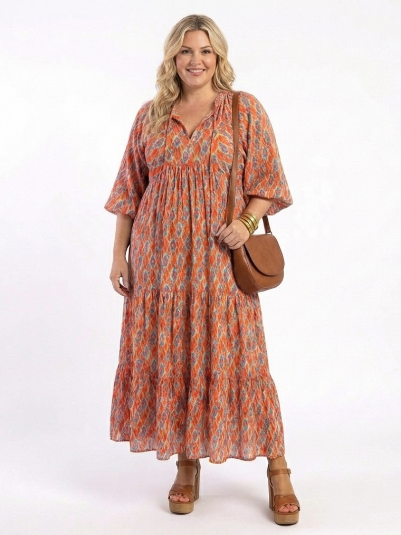 Amara | Robe Midi à Imprimé Géométrique avec Décolleté en V