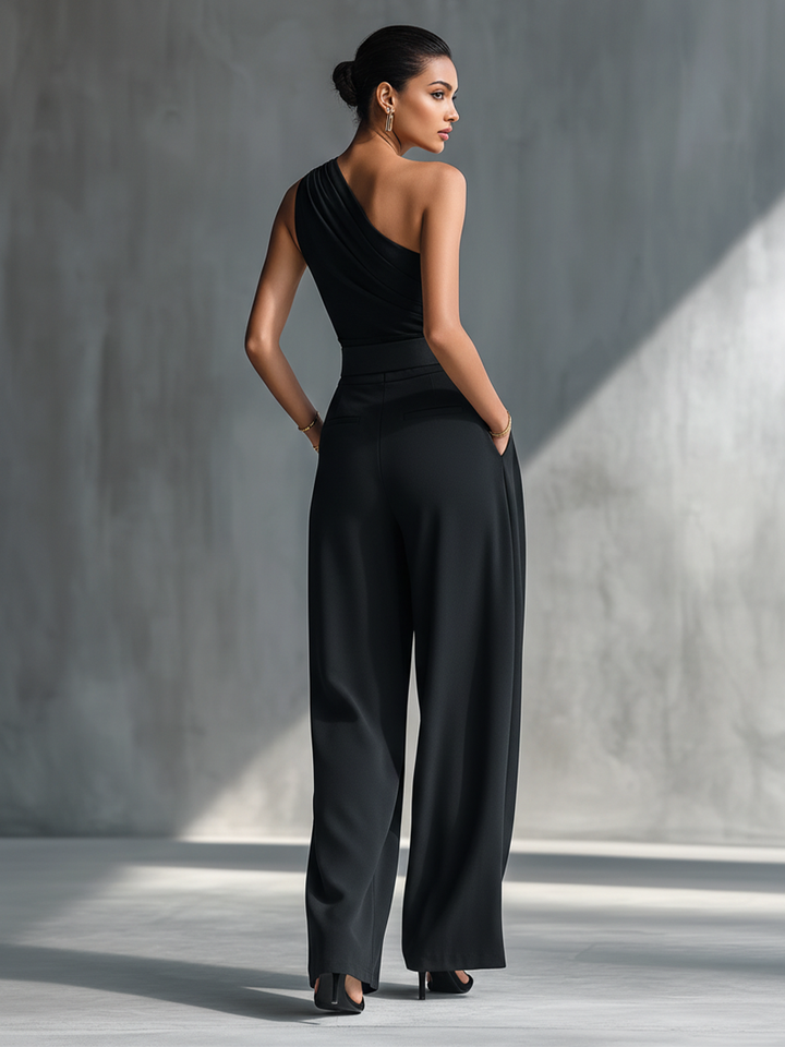 Haut en Tricot Noir à Haute Élastique pour Femmes et Pantalon Large en Acétate
