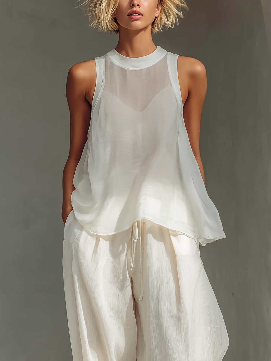 Ensemble Deux Pièces Crème Femme Avec Top Sans Manches En Chiffon Semi-Transparent & Pantalons À Jambe Large En Mélange De Coton Et Lin