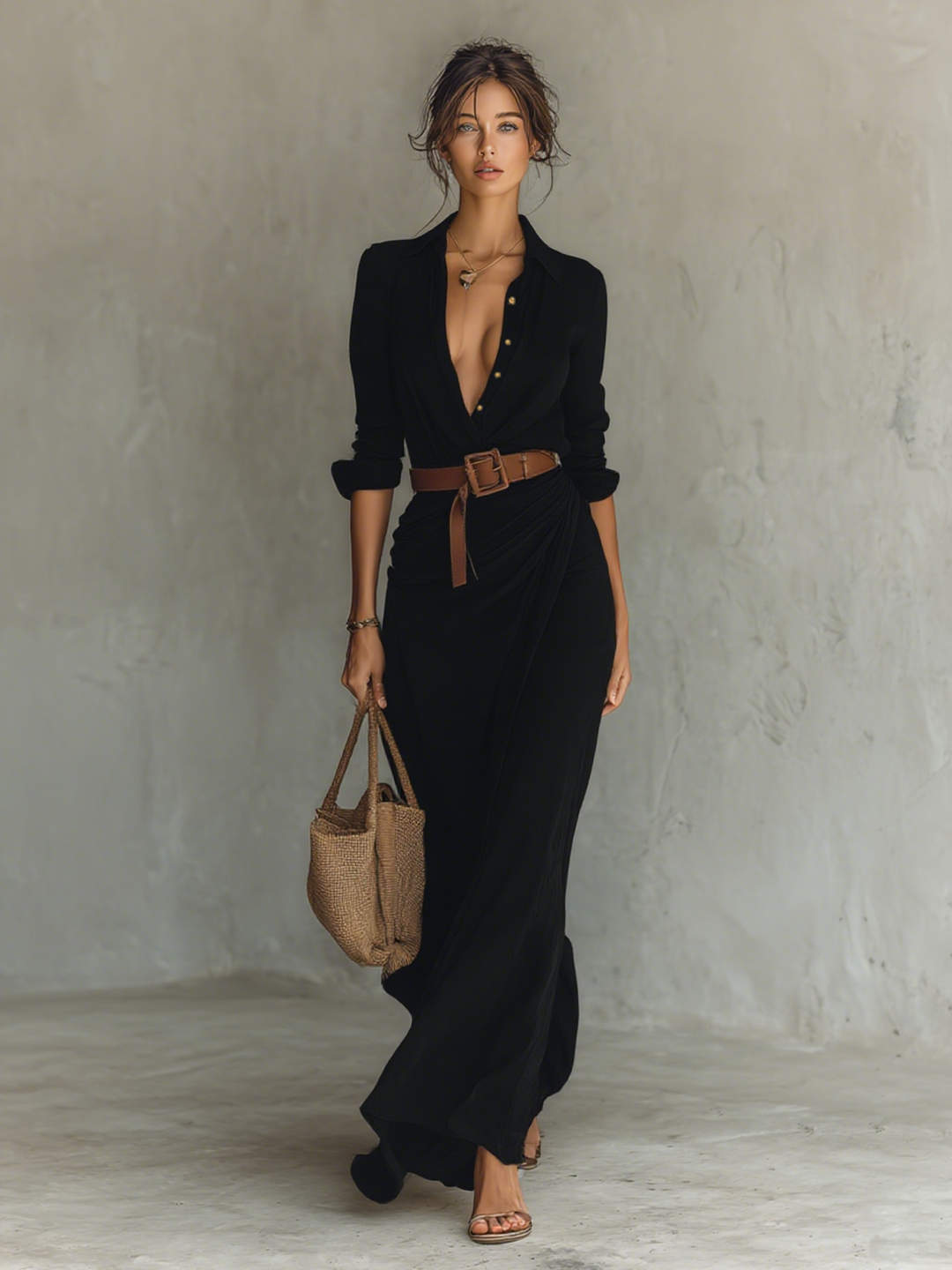 Marie | Robe Maxi à Col Revers à Manches Longues