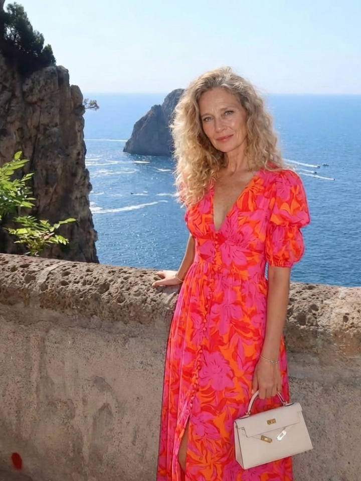 Saule | Robe Midi à Manches Bouffantes et Décolleté en V Floral