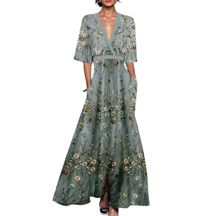 Noelle | Robe de Printemps Fleurie avec Décolleté en V