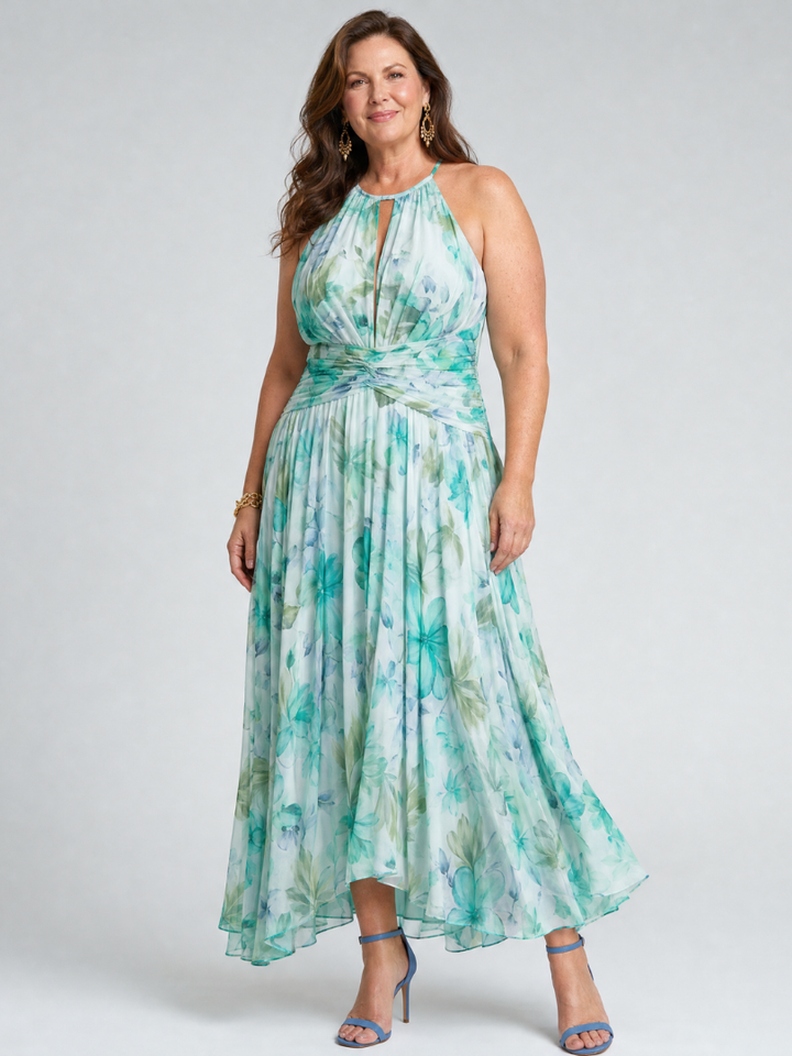 Portia | Robe midi à col halter plissée avec motif floral doux