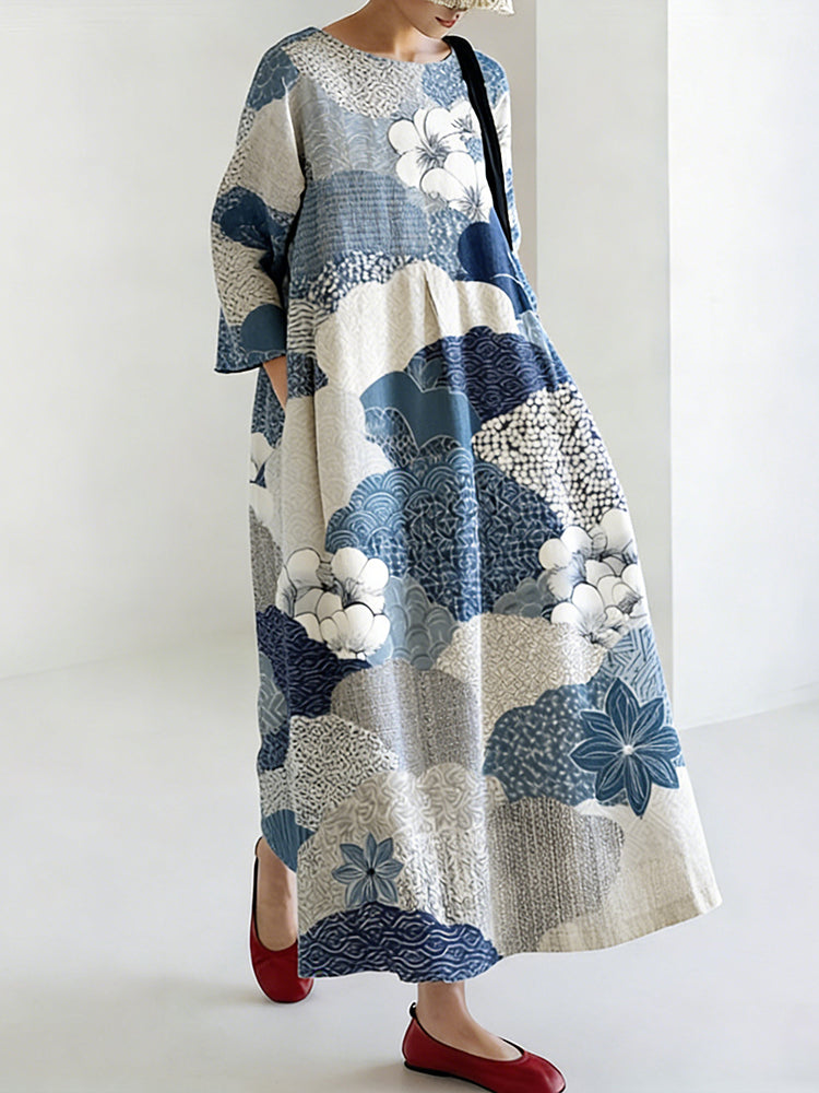Robe en Lin de Style Japonais pour Femmes avec Motif Floral