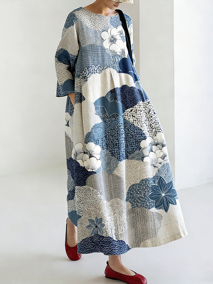 Robe en Lin de Style Japonais pour Femmes avec Motif Floral