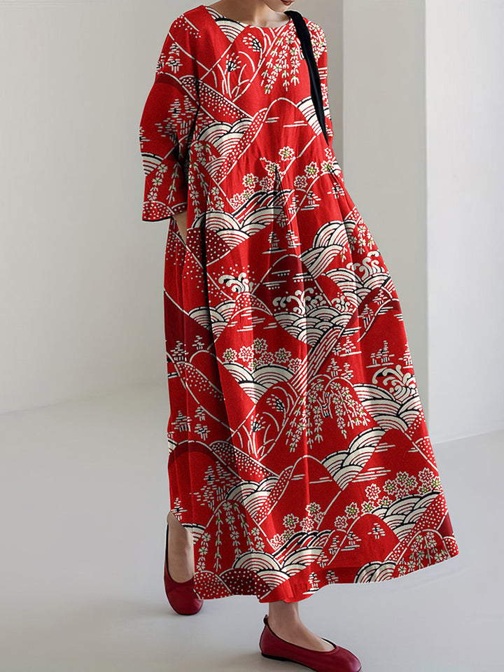 Robe Midi Décontractée Imprimée Art Japonais