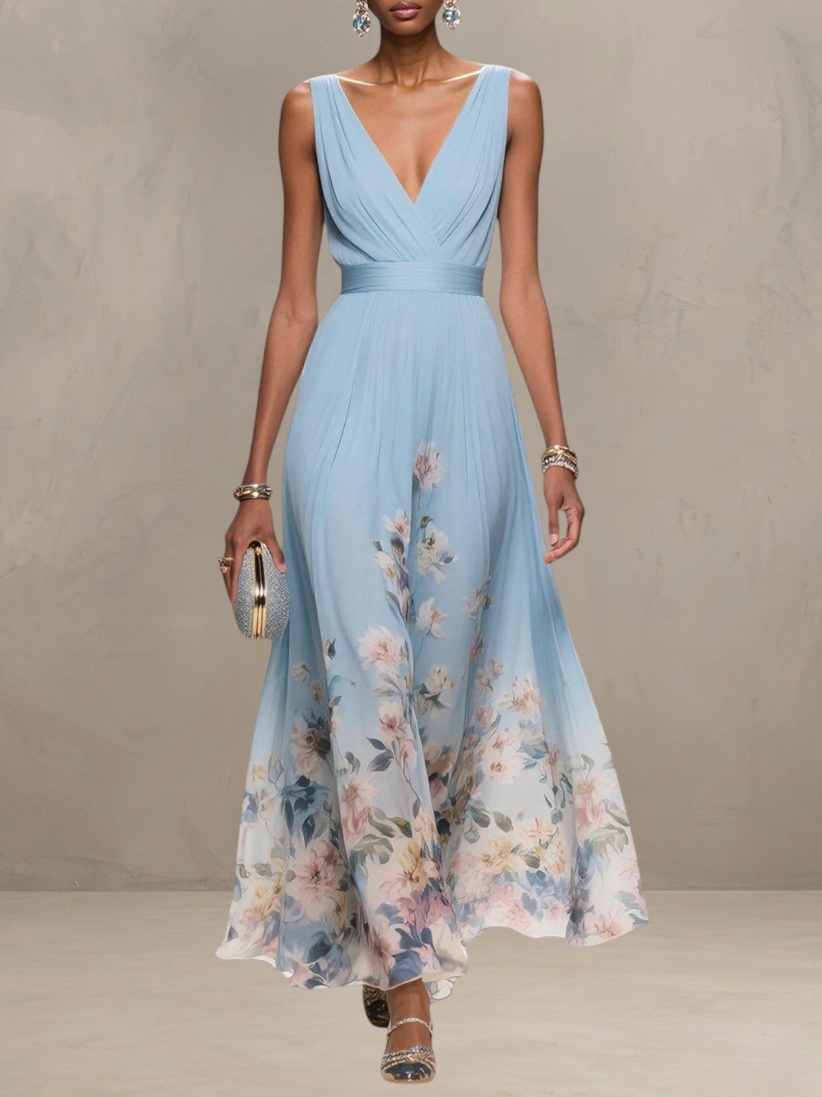 ROSA | ROBE MAXI EN CHIFFON FLORAL À COL V