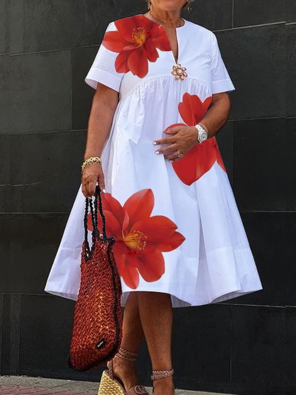 Flore | Robe Midi Ample Imprimé Fleurs Rouges Col V & Fronces