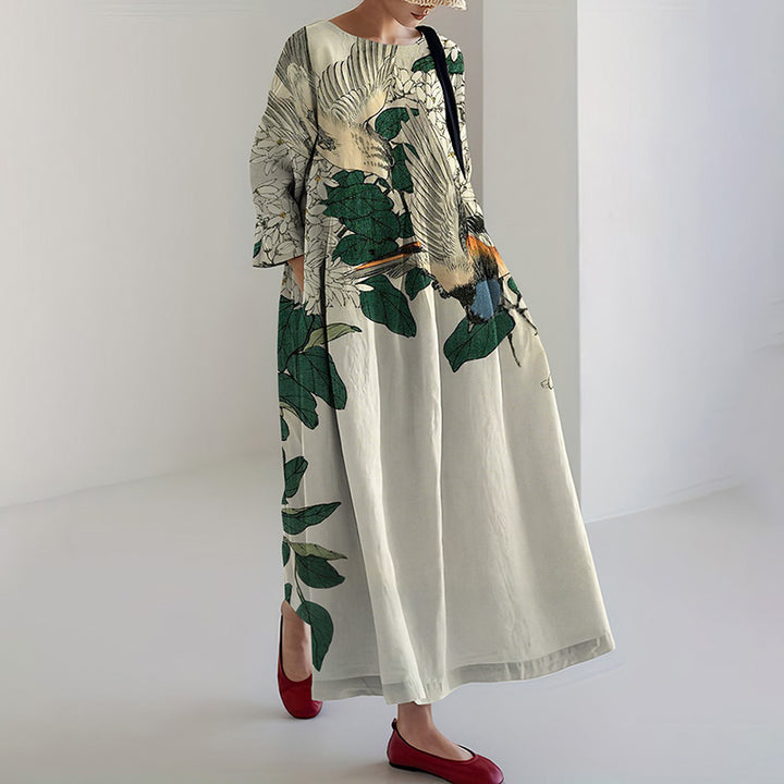 Robe Midi Imprimée Art Floral et Oiseaux Japonaise pour Femmes