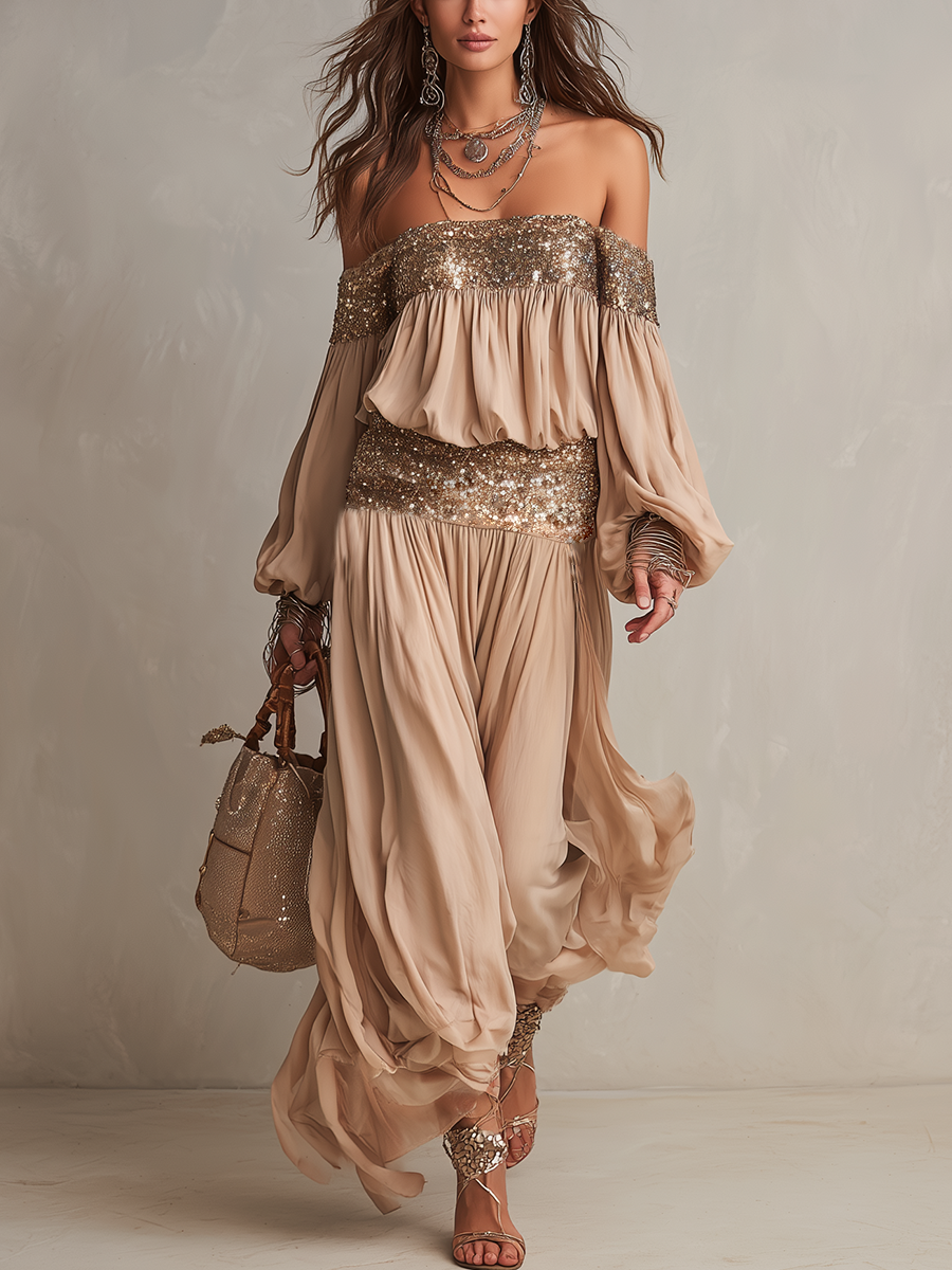 Ensemble Top Bustier À Paillettes Bohémien Et Pantalons Amples