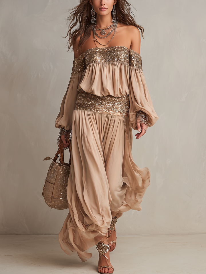 Ensemble Top Bustier À Paillettes Bohémien Et Pantalons Amples