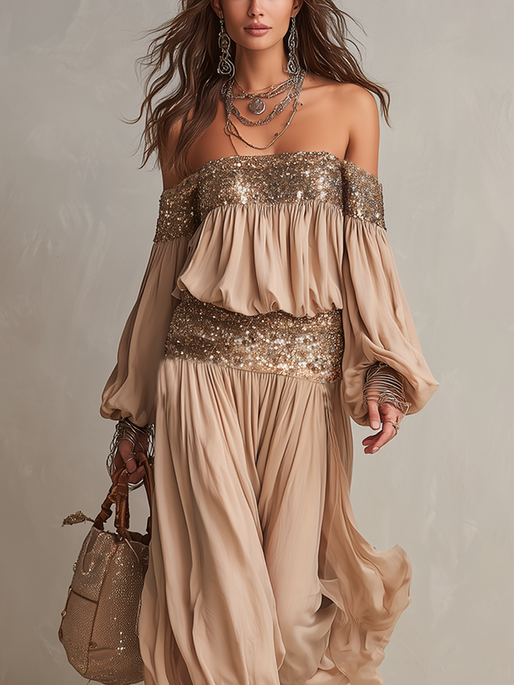Ensemble Top Bustier À Paillettes Bohémien Et Pantalons Amples