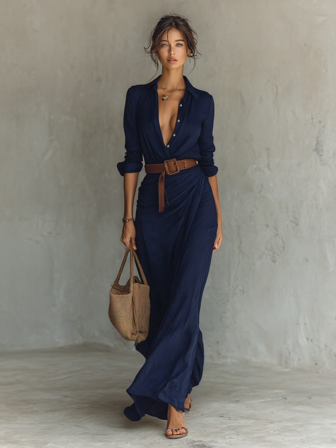 Marie | Robe Maxi à Col Revers à Manches Longues