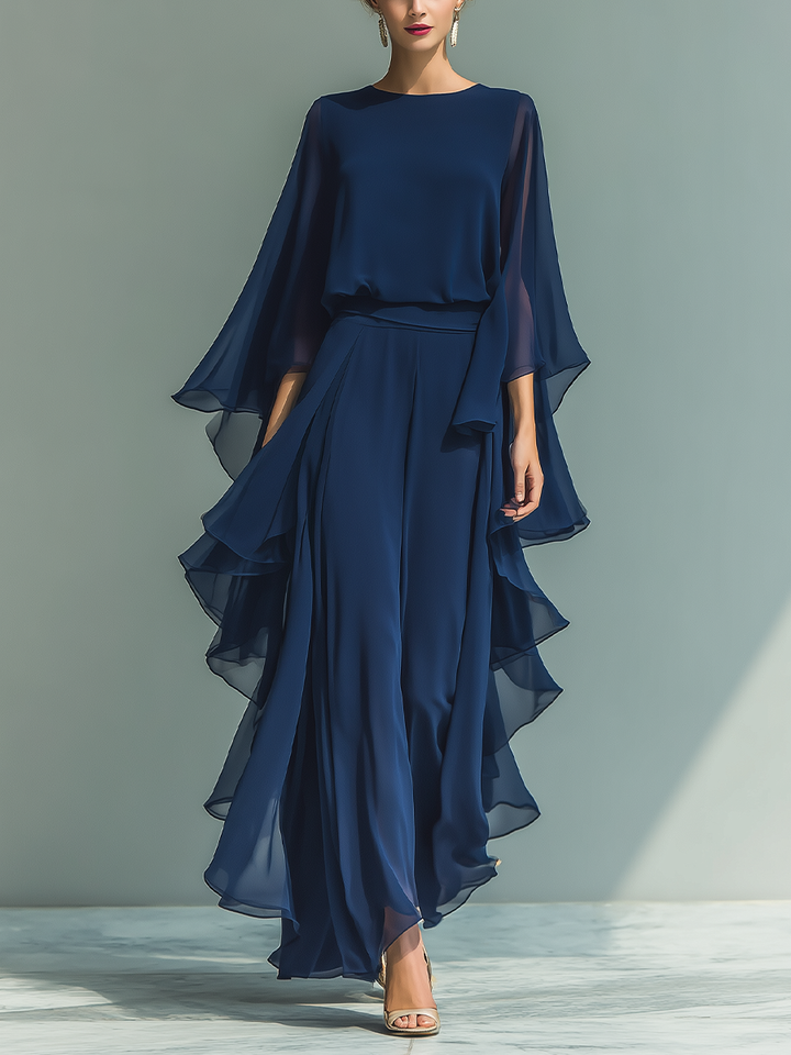 Clara | Ensemble en Chiffon Bleu Marine avec Pantalon à Volants