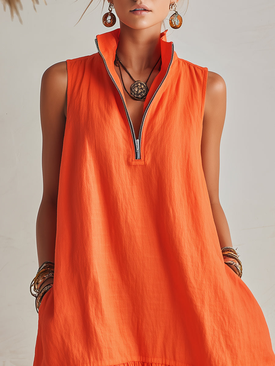 Manon | Robe Mini Lin Col Zippé & Ourlet Volant