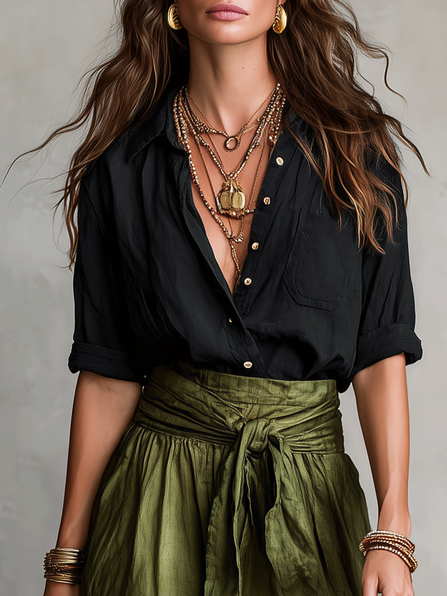 Ensemble Blouse Noire Boho Effortless & Jupe Midi Satin Olive