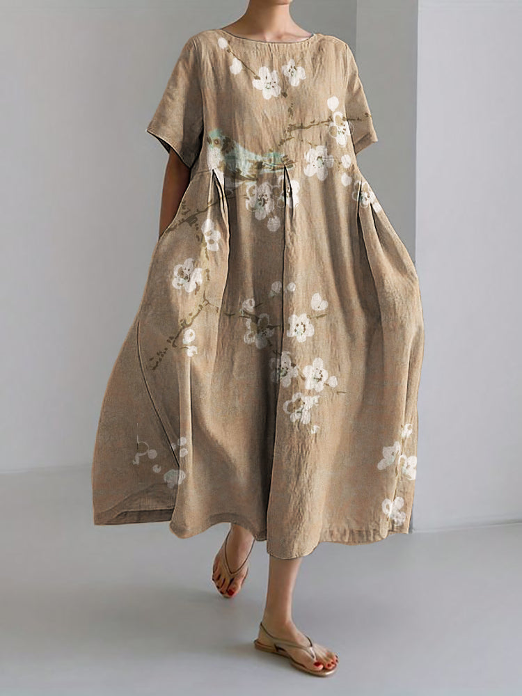 Robe Maxi en Mélange de Lin Japonais avec Oiseau sur Branches de Fleurs de Prunier