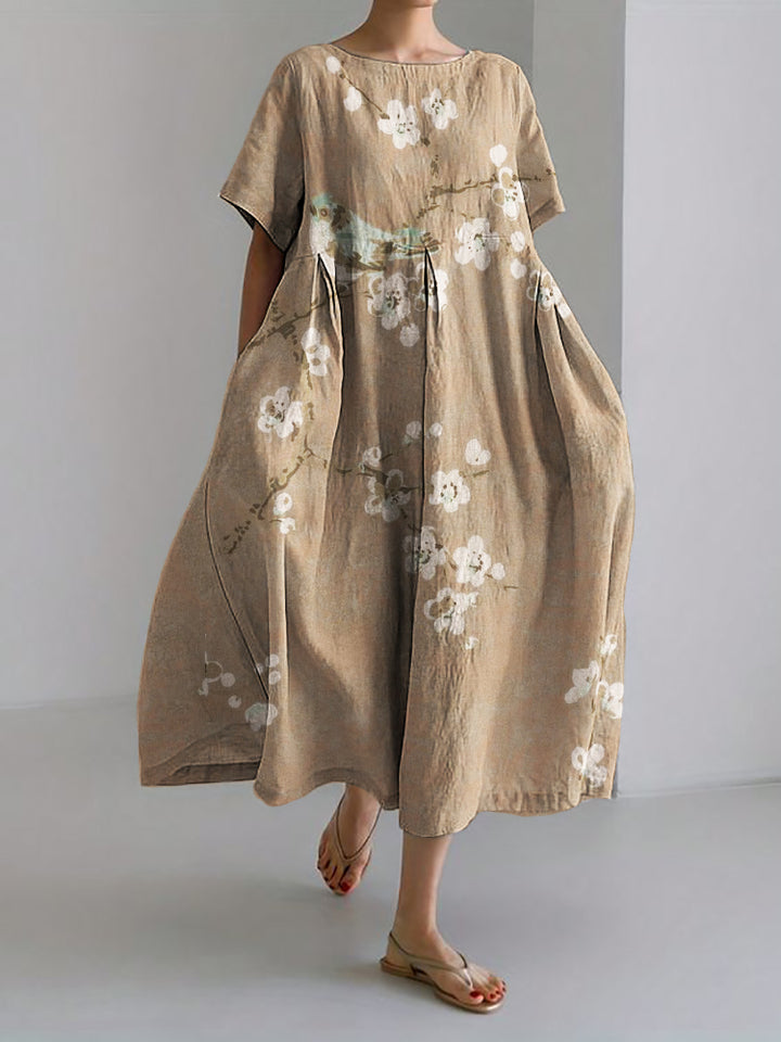 Robe Maxi en Mélange de Lin Japonais avec Oiseau sur Branches de Fleurs de Prunier