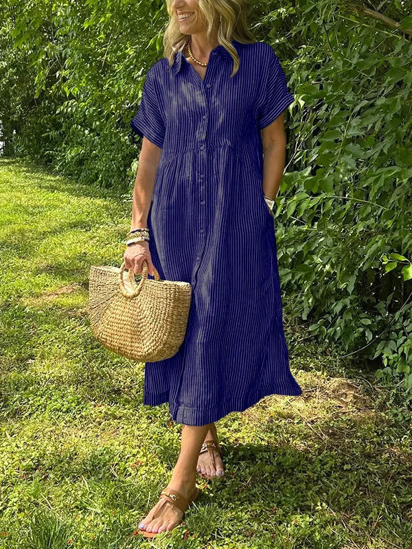 Wendy | Robe Chemise Rayée Lin & Manches Courtes