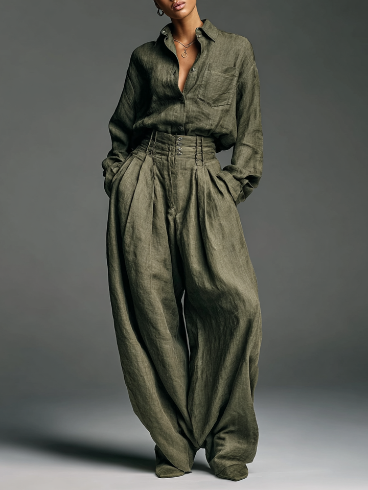 Mode Femme Mélange Coton et Lin Chemise à Manches Longues Pantalon Large Ensemble Deux Pièces